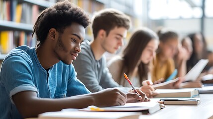 A group of students sitting at a library desk, reading textbooks and taking notes in a quiet study room.