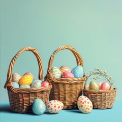 Three wicker baskets filled with colorful Easter eggs on a blue background.
