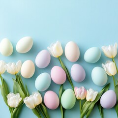 Pastel Easter eggs and white tulips on blue.