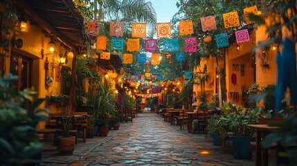 Fototapeta premium Festive atmosphere with traditional Latin American decorations and flags under festive lighting
