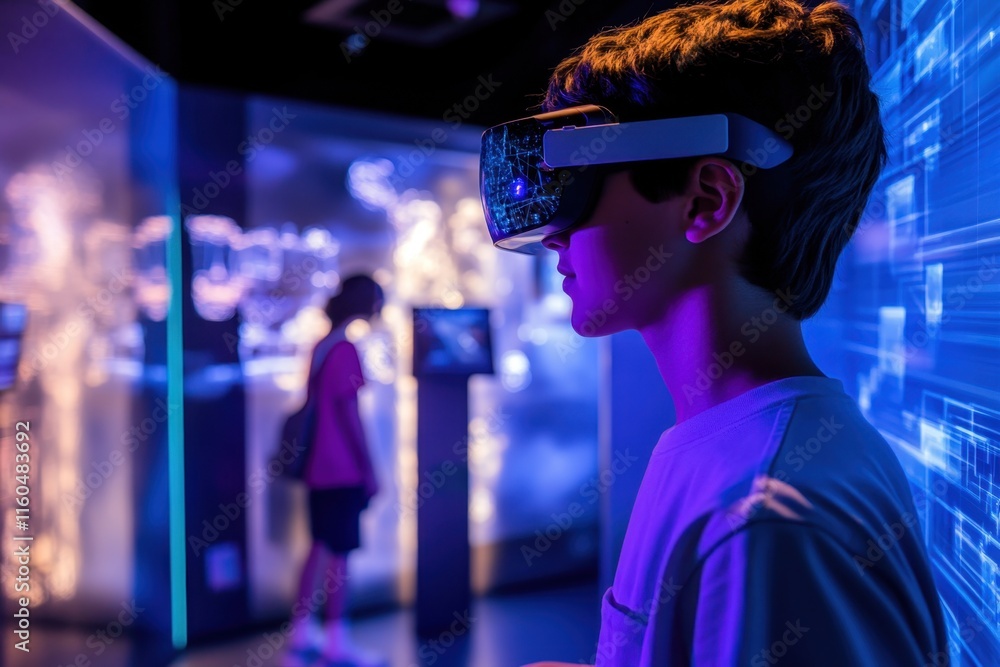 Poster exploring virtual reality technology at an interactive exhibit in an urban location
