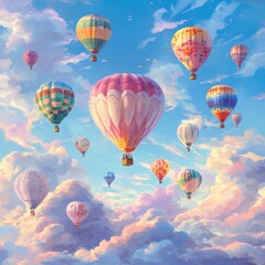 Obraz premium Colorful hot air balloons float in a dreamy sky.