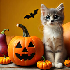 A Cute cat sitting above Halloween pumpkin on yellow background