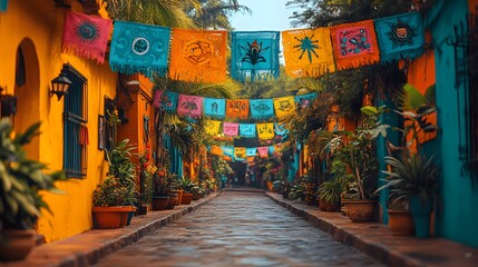 Naklejka premium Street celebration with vibrant Latin American flags, traditional patterns, and festive decor