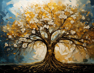 Golden tree in the forest oil paint, gold tree with spring flowers with blue background wall art
