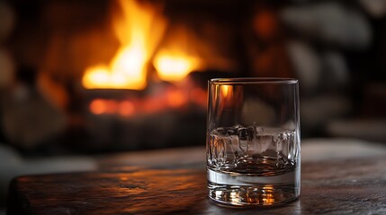 Empty rocks glass with ice on wooden table, fireplace background.