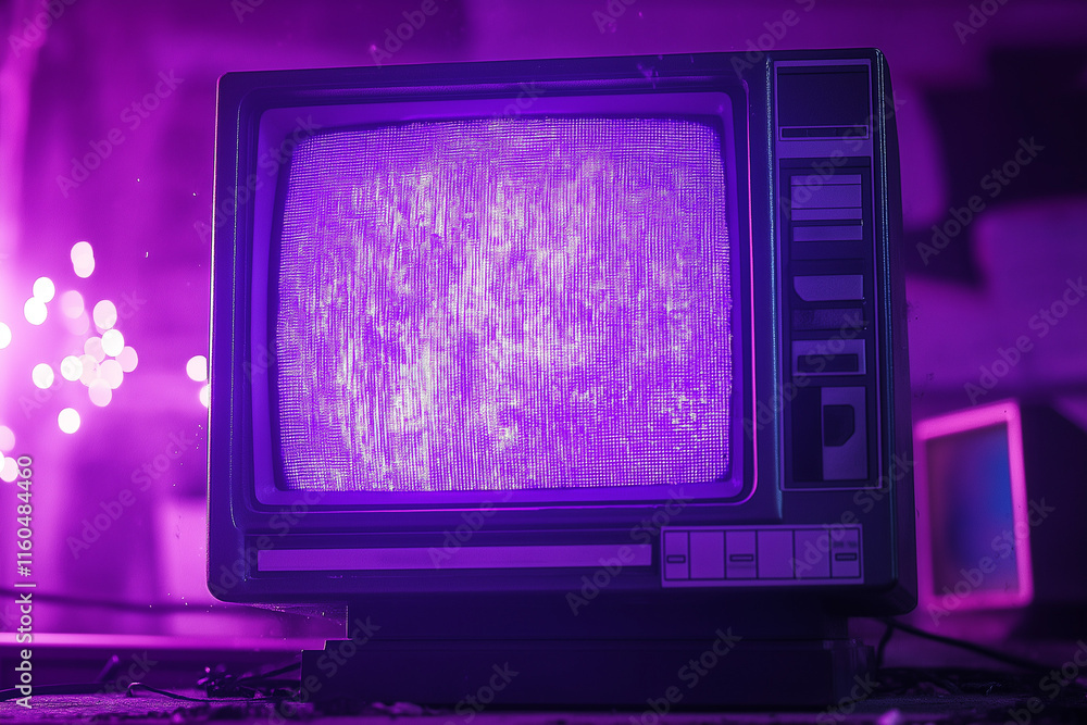 Aufkleber 80s retro wave style background displayed on vintage computer screen. vhs noise and glitch effects. 
