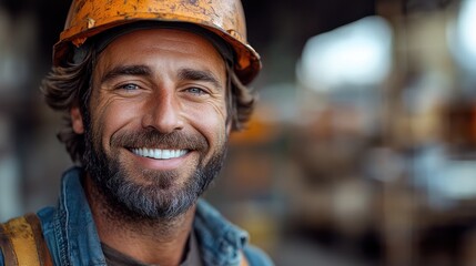 Fototapeta premium Portrait of a happy engineer man wearing a hard hat, smiling confidently at a construction site, on solid white background, single object