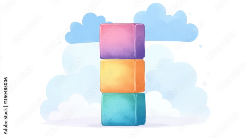 Poster a colorful stack of transparent blocks against a soft cloud background, symbolizing creativity and i