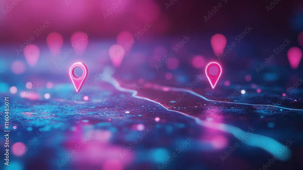 Aufkleber the image features a vibrant, abstract representation of a map with glowing location pins against a 