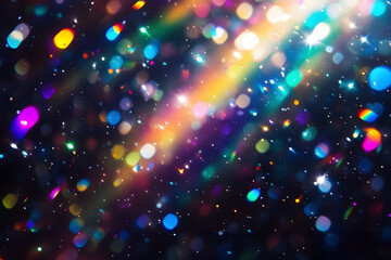 Beautiful iridescent light on black background, Dark background with a prism light effect, Glowing colorful lights and bokeh lens flare overlay, sunlight refraction, Shiny lights in the dark