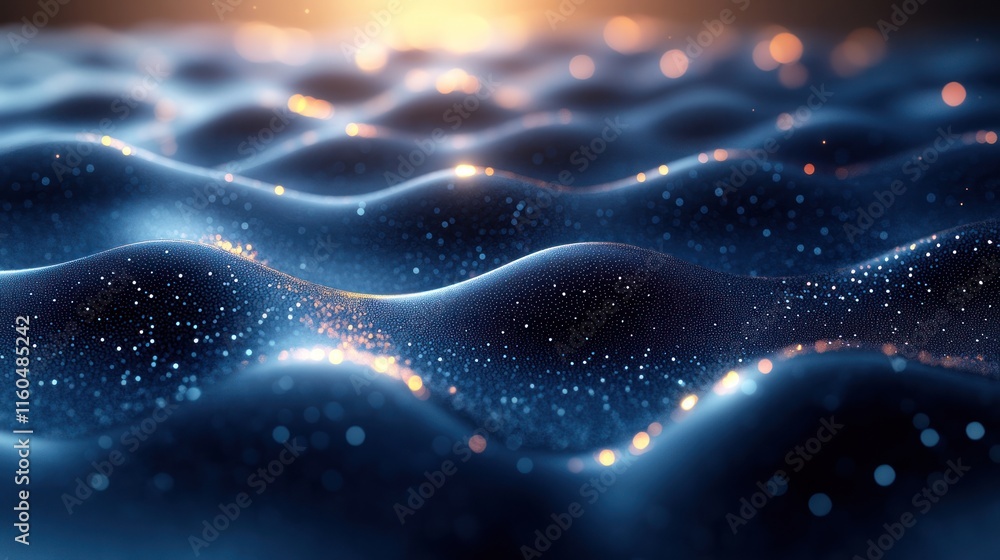 Poster quantum wave lines forming a futuristic circular pattern with a blend of blue and green tones