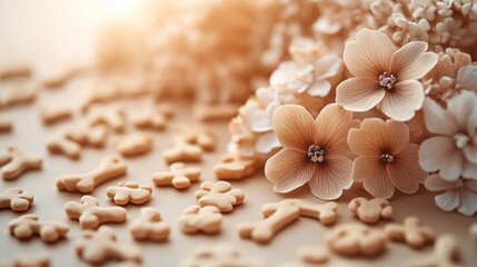 A close-up of decorative flowers and cookie-shaped embellishments on a soft background.