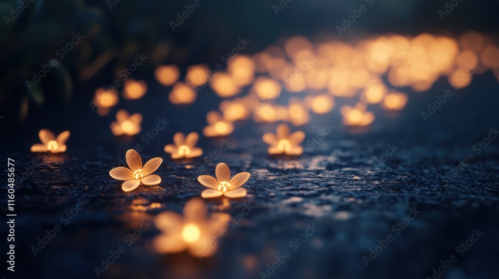 Poster a serene scene featuring glowing flowers scattered on a dark path, creating a magical and enchanting