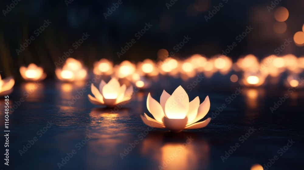 Poster tranquil scene featuring glowing lotus flowers floating on water, creating a serene and calming atmo