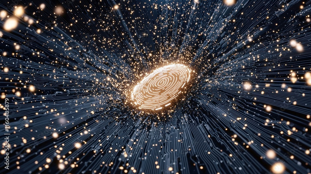 Poster a mesmerizing digital representation of a fingerprint surrounded by glowing particles.