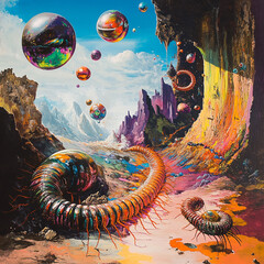 
A surreal depiction of centipedes crawling through a dream-like landscape with floating objects and distorted proportions, vibrant colors, and exaggerated forms.