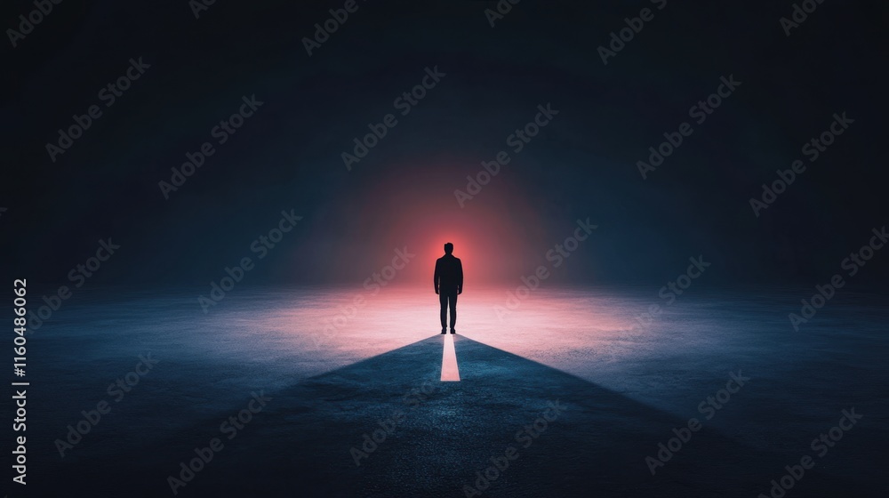 Poster a solitary figure stands in a dark space, illuminated by a soft red glow, creating a dramatic and co