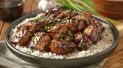Delicious glazed meat served over fluffy rice, garnished with herbs.