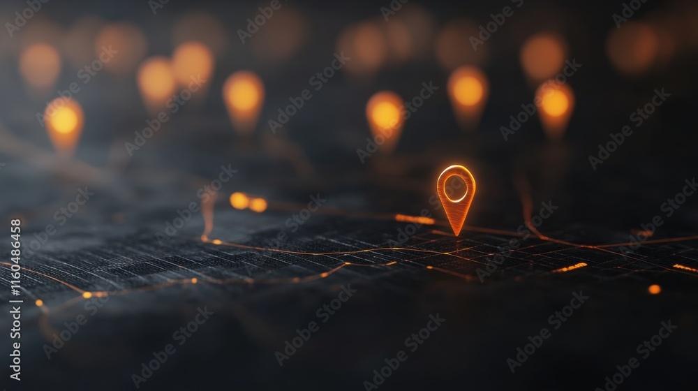 Poster a digital map with glowing location markers, highlighting a specific point, showcasing a futuristic 