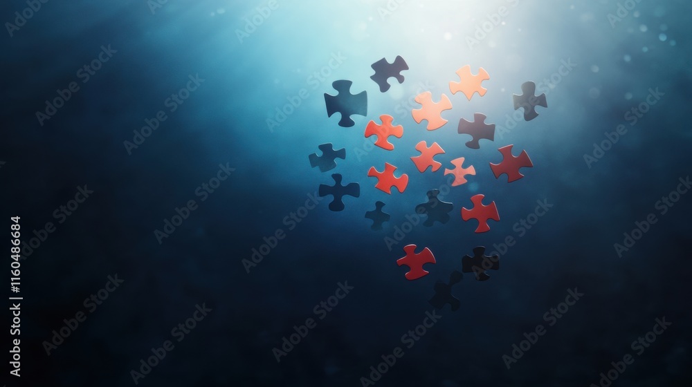 Poster colorful puzzle pieces float in a serene underwater scene, creating a captivating visual of mystery 