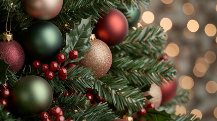 A traditional close-up of a Christmas tree with rich red, green, and gold ornaments, accented by holly berries and twinkling lights. The abstract background is a warm bokeh of fest