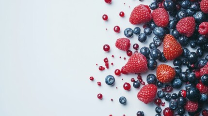 A detailed macro shot of fresh mixed berries, including raspberries, strawberries, and blueberries, spread across a pure white background.