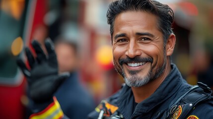Smiling firefighter greets onlookers with a wave during a busy emergency response event