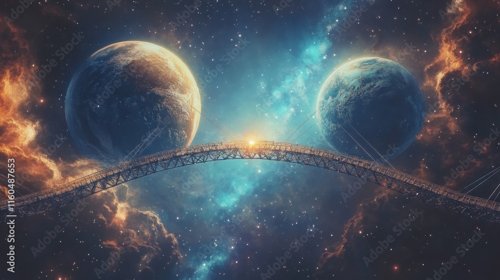 Poster a cosmic scene featuring two planets and a luminous bridge connecting them, set against a backdrop o