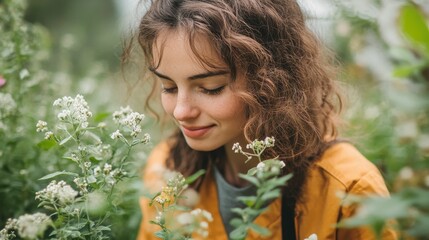 Young woman with curly hair smelling flowers in a field. Perfect for blogs, websites, or advertisements focusing on nature, beauty, and serenity.