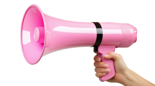 Person holding megaphone in hand on transparent or white background