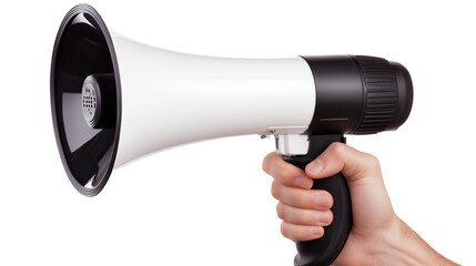 Person holding megaphone in hand on transparent or white background