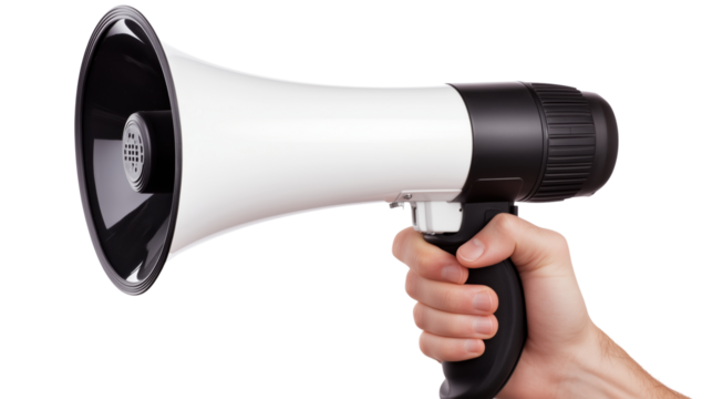 Person holding megaphone in hand on transparent or white background