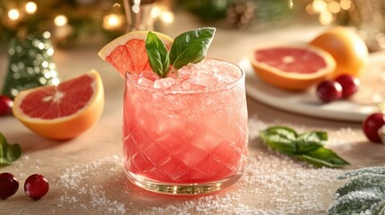 A holiday-themed cranberry gin cocktail in a frosted glass, garnished with basil and grapefruit, placed on a table with elegant winter decor.