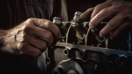 Manos ajustando válvulas en bloque de motor bajo luz tenue en un taller mecánico profesional.