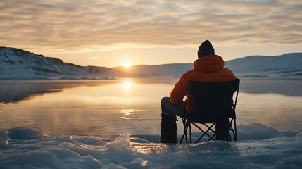 Obraz premium A man sitting in a fold-out chair, fishing through a hole in the ice in the early morning light.