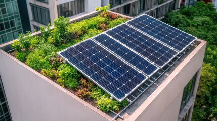 A rooftop featuring solar panels surrounded by lush greenery, highlighting eco-friendly energy solutions and urban gardening.