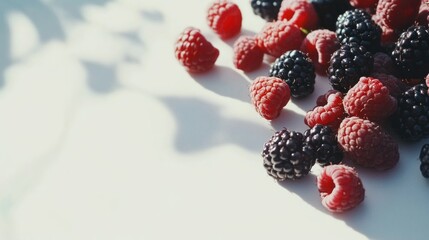 A natural arrangement of fresh mixed berries, including blackberries and raspberries, on a clean, bright white surface