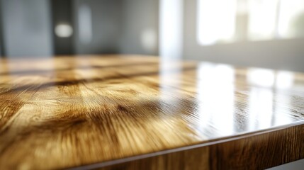 A polished oak wooden table top with a glossy finish, highlighted against a bright white backdrop, sharp textures in 4K detail