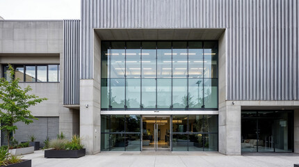 Contemporary Arts School Facade with Minimalistic Glass and Concrete Design Featuring Vertical Metal Beams