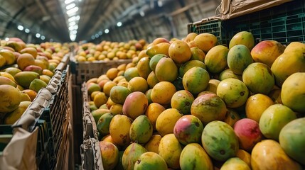 Crates of fresh mangoes ready for air freight in a warehouse.