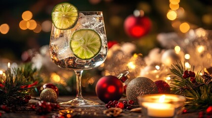 A refreshing Gin Tonic with lime and ice cubes, illuminated by soft candlelight, styled on a festive table with Christmas decorations