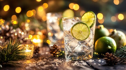 A refreshing Gin Tonic with lime and ice cubes, illuminated by soft candlelight, styled on a festive table with Christmas decorations
