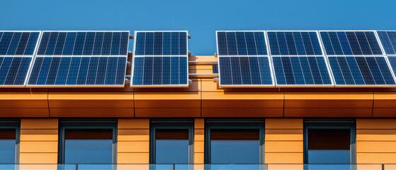 Fototapeta premium A rooftop showcases solar panels against a clear blue sky, symbolizing renewable energy and sustainable architecture.