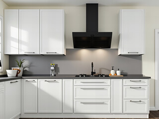 Contemporary kitchen design featuring sleek white cabinets, a black range hood, gray backsplash, and minimalist decor with natural lighting