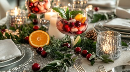 A stylish cranberry gin cocktail with fresh basil and citrus wedges, served on a holiday table with shimmering silver accents and candles.