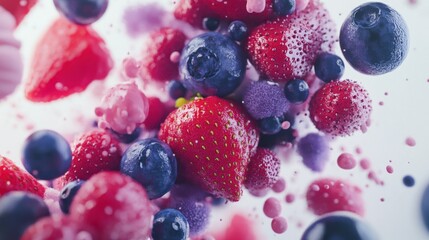 A vibrant collection of mixed berries, with juicy strawberries and plump blueberries, artistically arranged on a white background.