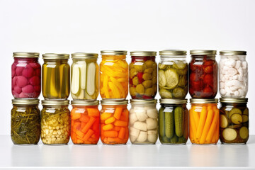 Variety of colorful homemade pickled vegetables. on white background