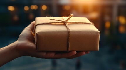 Close-up of hands holding a parcel in a city square background. Generative AI