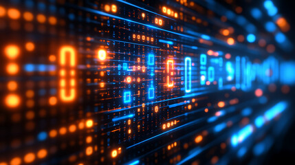 Obraz premium An abstract digital image showing luminous blue and orange binary code.
